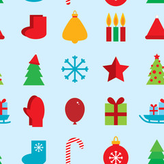 seamless pattern new year snowflakes, socks, mittens, Christmas tree, gifts, sleigh, star, candle on blue background. vector