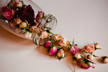 open the jar of dried roses lying on white background