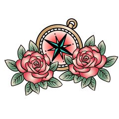 Татуировка эскиз татуировки олдскул розы и компас - obrazy, fototapety, plakaty