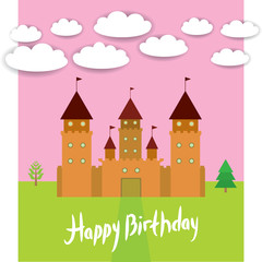 Card With Castle princess fairytale landscape. Happy birthday card. vector