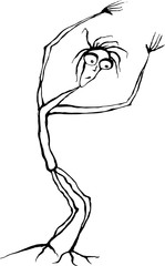 Shaky tall man with big eyes and arms raised overhead. Legs as tree roots. Hand drawn vector illustration.
