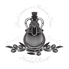 Black engraving label for food or cosmetics isolated on white. Glass bottle of olive oil with fruit and leaves