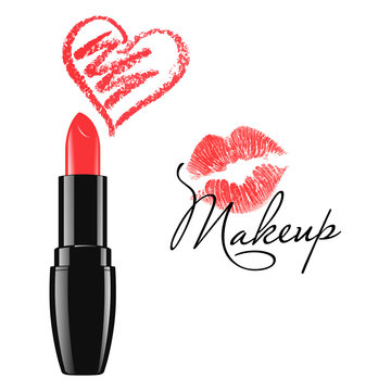 Makeup red lipstick and doodle heart isolated over white background. Cosmetic product design vector illustration