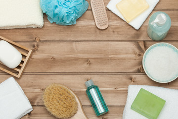 Obraz na płótnie Canvas Spa Kit. Top View. Shampoo, Soap Bar And Liquid. Shower Gel. Aro