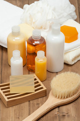 Spa Kit. Shampoo, Soap Bar And Liquid. Shower Gel. Towels. Woode