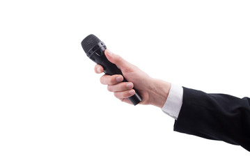 Man's hand with a microphone on a white background.