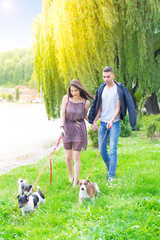 Fototapeta premium Young couple in love,walking and enjoy in park with his dogs