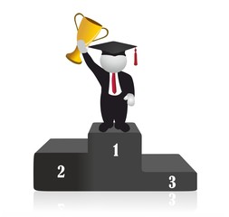 Student standing on the winning podium and holding gold trophy