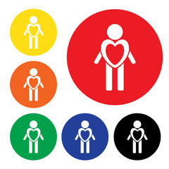 Набор иконок человек с сердцем в разных цветах. Простые иконки о помощи и любви