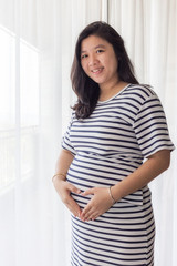 Pregnant woman holding her belly with copy space.