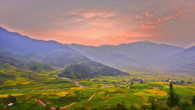 Timelapse video of Rice terrace at Tule valley in a Sunset Scene, Vietnam 