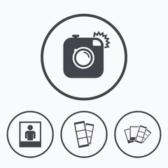 Photo camera icon. Flash light and selfie frame.