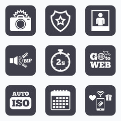 Photo camera icon. Flash light and Auto ISO.