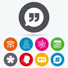 Quote, asterisk footnote icons. Hashtag symbol.