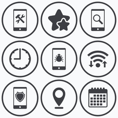 Smartphone icons. Shield protection, repair, bug
