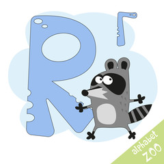 Hand drawn letter R and funny cute raccoon. Children's alphabet in cartoon style, vector illustration.