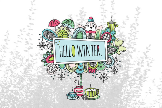 Hello Winter Doodle Artwork on Background of Leaves
