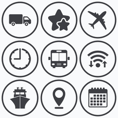 Transport icons. Truck, Airplane, Bus and Ship.