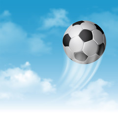 Fototapeta na wymiar Soccer Ball Flying on Cloudy Sky Background. Realistic Vector Illustration. 