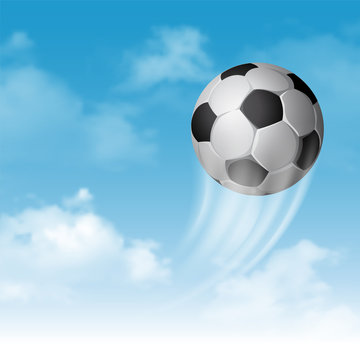 Soccer Ball Flying on Cloudy Sky Background. Realistic Vector Illustration. 