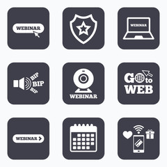 Webinar icons. Web camera and notebook pc signs.