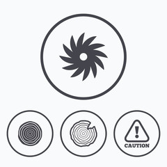 Wood and saw circular wheel icons. Attention.