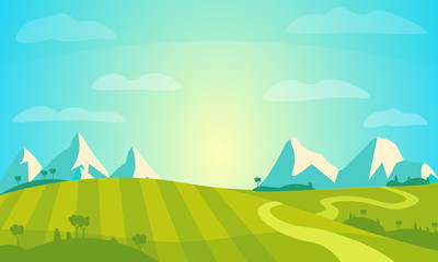 Vector Landscape with Sunny Field and Mountains . Rural Farm Scenery Illustration.