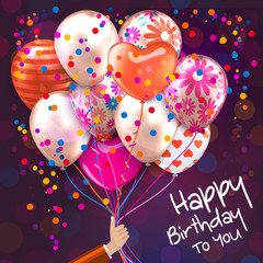 Birthday card with hand holds colorful balloons. Confetti, stars, ribbon and bow on dotted background.  Vector.