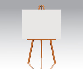 Wooden easel with empty canvas. Blank space ready for your advertising, design and presentation. Vector mock up illustration.