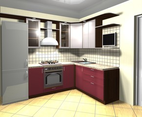 Fototapeta premium 3D rendering interior design gray red kitchen