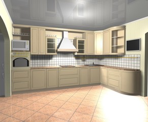 beige kitchen in a classic style interior design 3D rendering