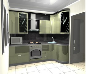 black green interior kitchen 3D rendering