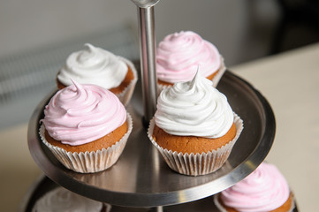 Delicious sweet buffet with cupcakes. Sweet holiday buffet with