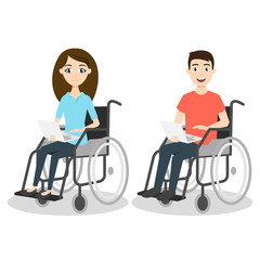 Fototapeta na wymiar Vector illustration of two young man and woman in wheelchair 
