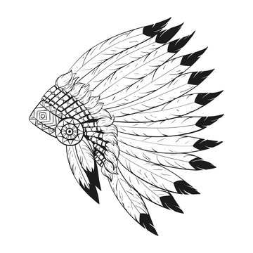 Vector monochrome illustration of native American war bonnet.  