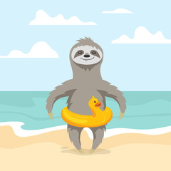 Vector illustration of happy cute sloth on the beach.   © thruer