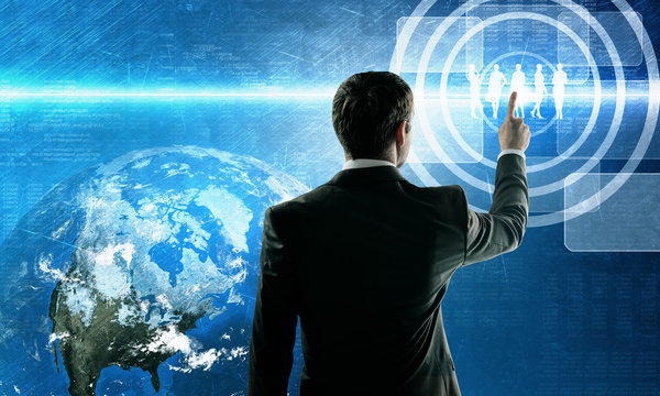 Business man pushing virtual team