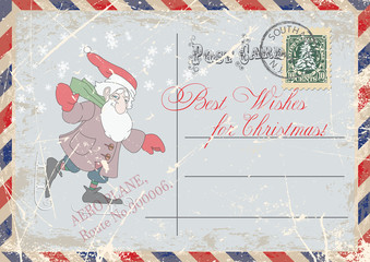 vintage grunge postcard hand drawing leprechaun skating, greeting merry Christmas.vector illustrati