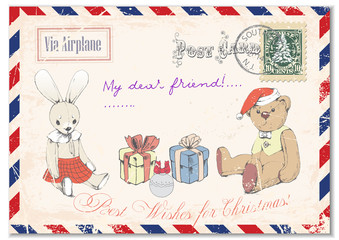 vintage grunge postcard hand drawing of Teddy bear Teddy and rabbit on postcards, greeting merry Christmas.vector illustration