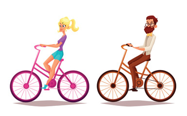 Hipster girl and boy riding bicycles, illustration cartoon vacation on bicycles, man with a beard and his girlfriend engaged in sport bikes, isolated people, blond girl, brunette boy