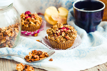 oat muffins with cherries and granola, healthy dessert