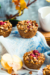 vegan oat muffins with cherries and granola, healthy dessert
