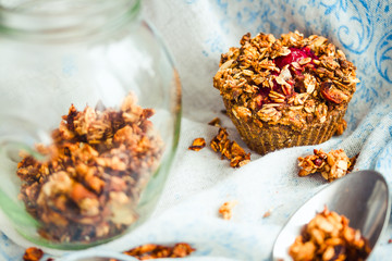 vegan oat muffins with cherries and granola, healthy dessert