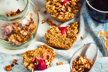 vegan oat muffins with cherries and granola, healthy dessert