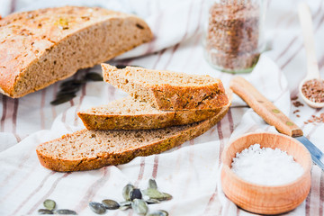 homemade rye bread unleavened with flax seed and pumpkin slices