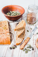 fresh rye bread with flax seeds and pumpkin, yeast free