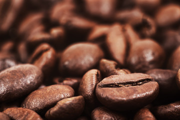 Closeup of coffee beans with focus on one