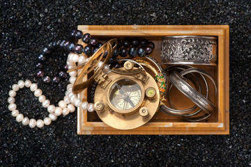 Treasure Chest, jewelry and vintage compass