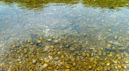 River stones background. Riverside with round white stones and clear water.