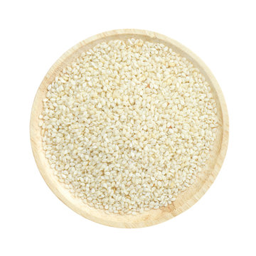 White sesame seed Ghia seed in wooden bowl isolated on white bac